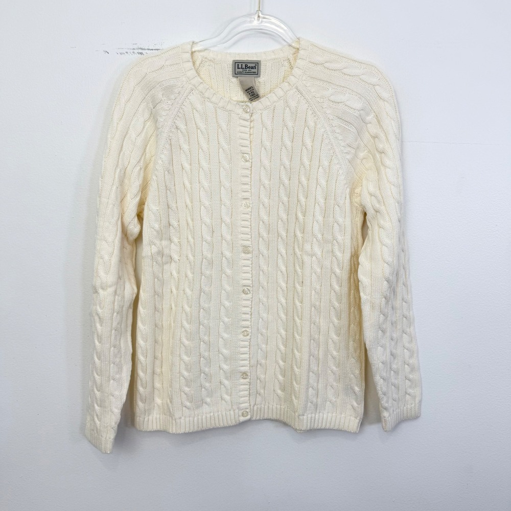 L.L.Bean Cable Knit Cotton Cardigan Cream Button Front Women's M